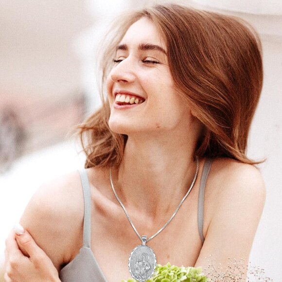 Saint Jude Medal Necklace, Silver Plated Religious Pendant - Picture 6 of 7